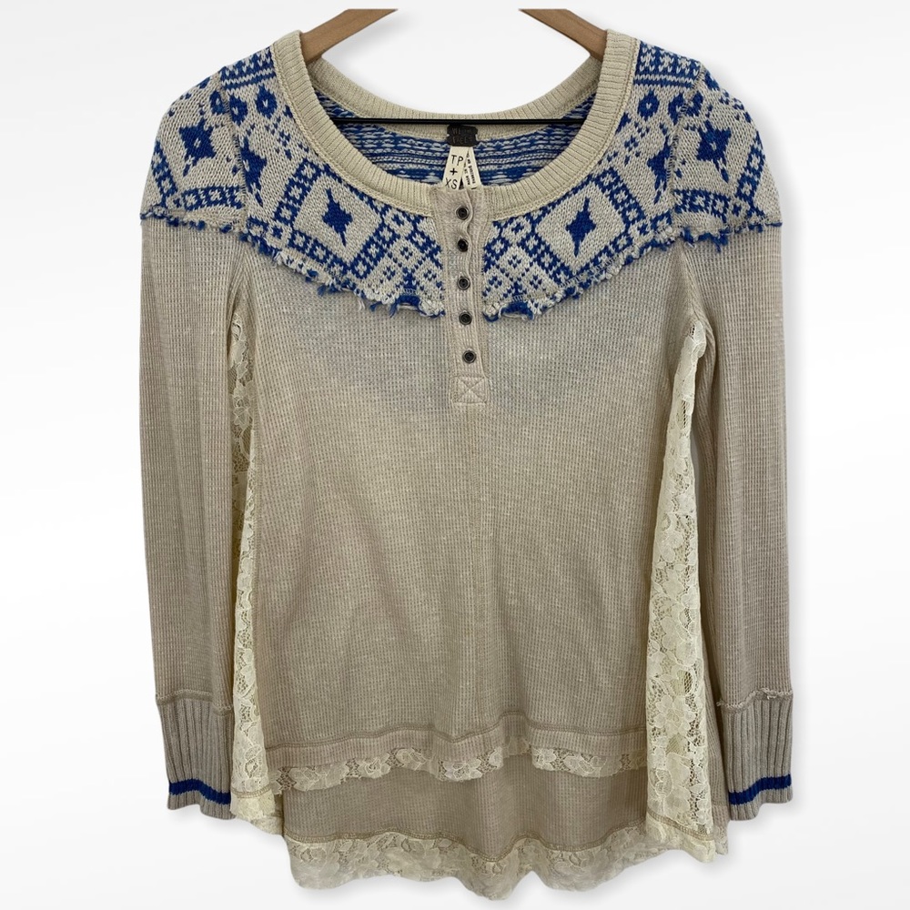 We the Free Oversized Cream + Blue Lace Trim Thermal Long Sleeve Top